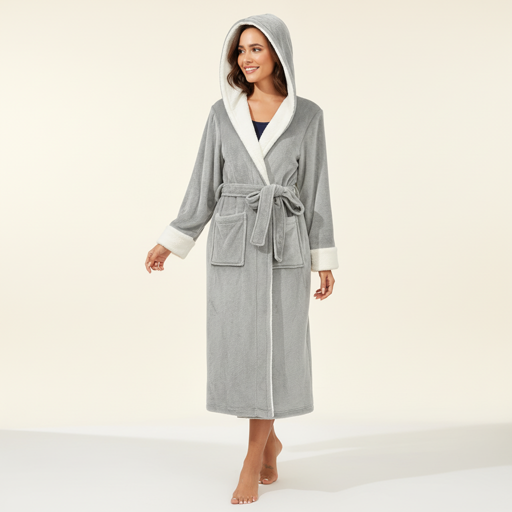 Langer Kapuzenbademantel Damen flauschig knöchellang Gürtel Winter