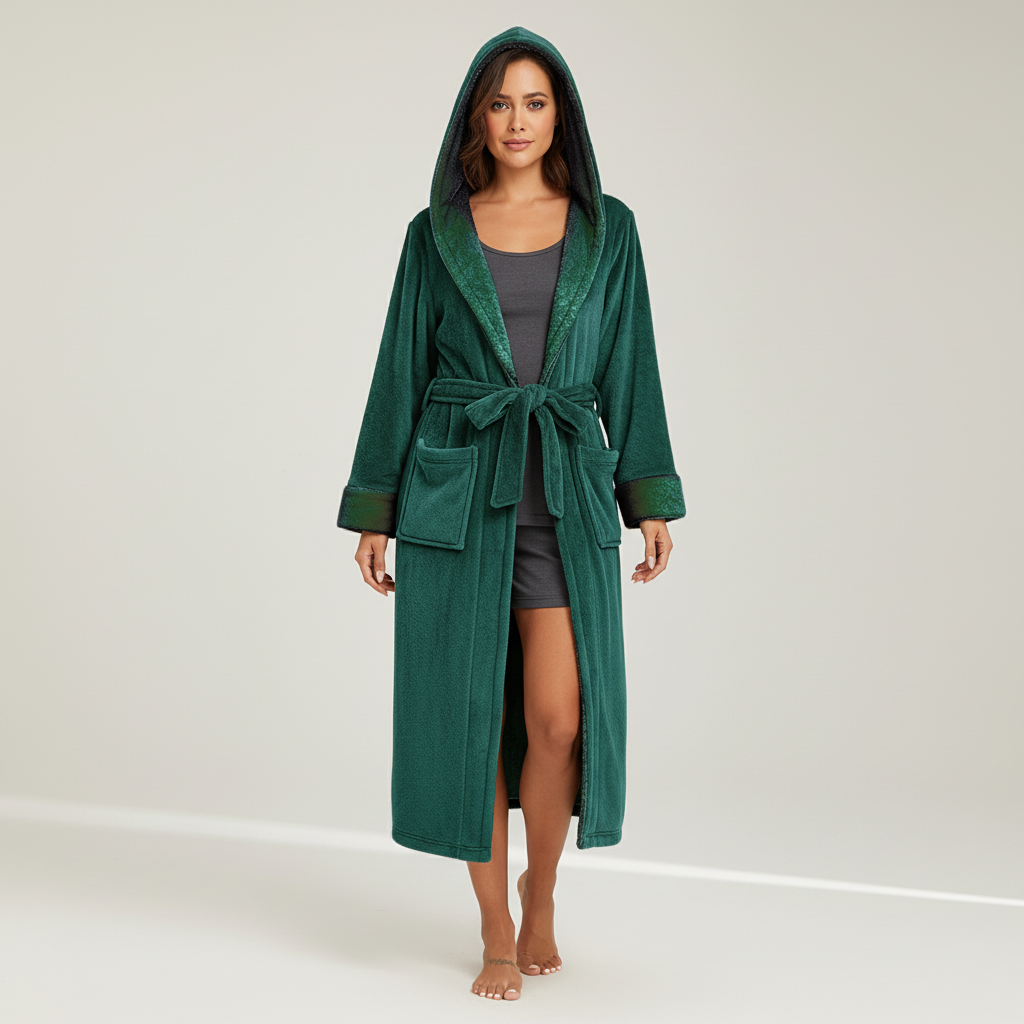 Langer Kapuzenbademantel Damen flauschig knöchellang Gürtel Winter