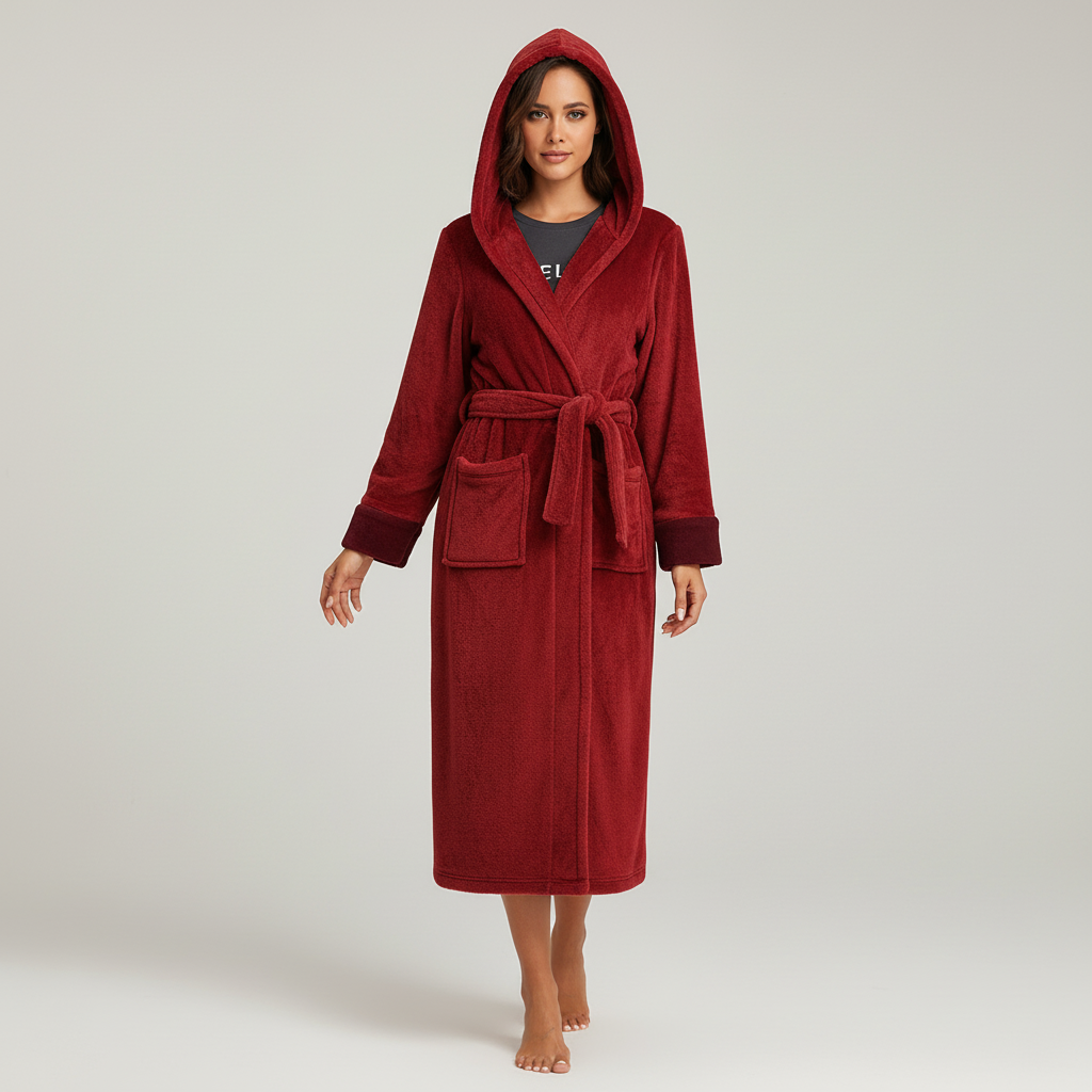 Langer Kapuzenbademantel Damen flauschig knöchellang Gürtel Winter