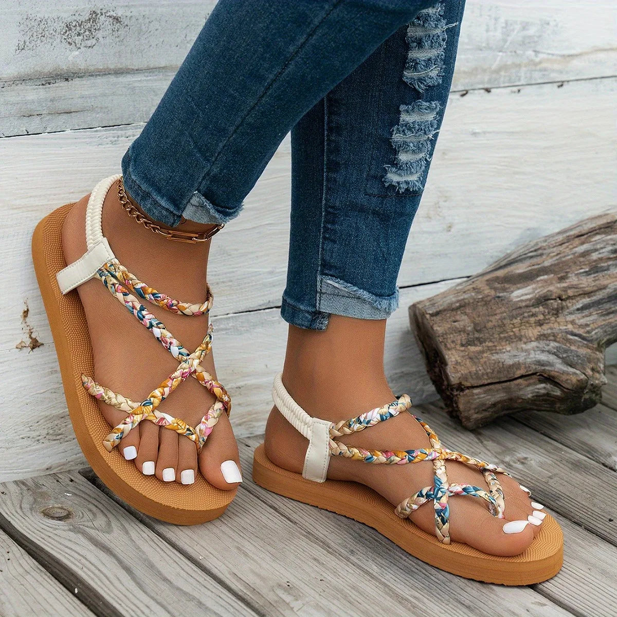 Damensandalen flach mehrfarbig geflochtene Riemen Sommersandalen