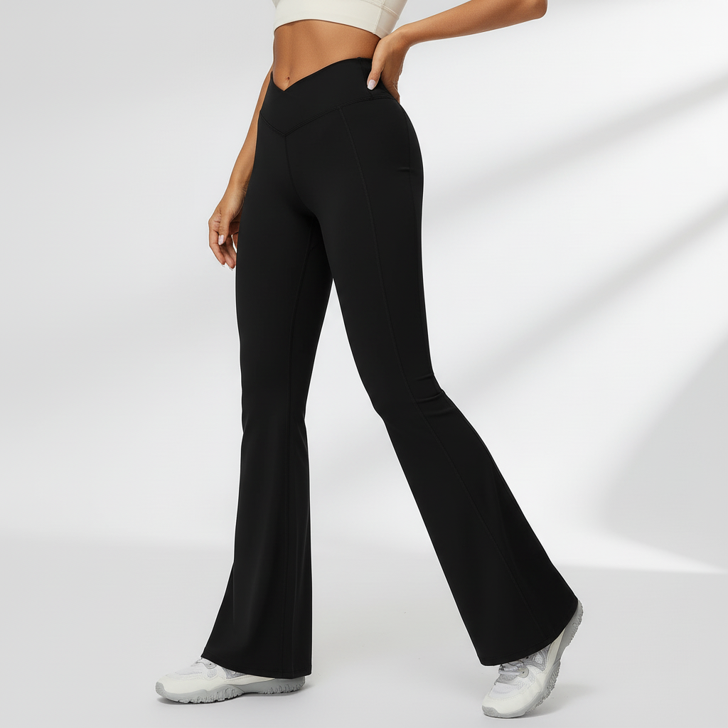 Hochbund-Schlaghose Damen Yoga Stretch schwarz