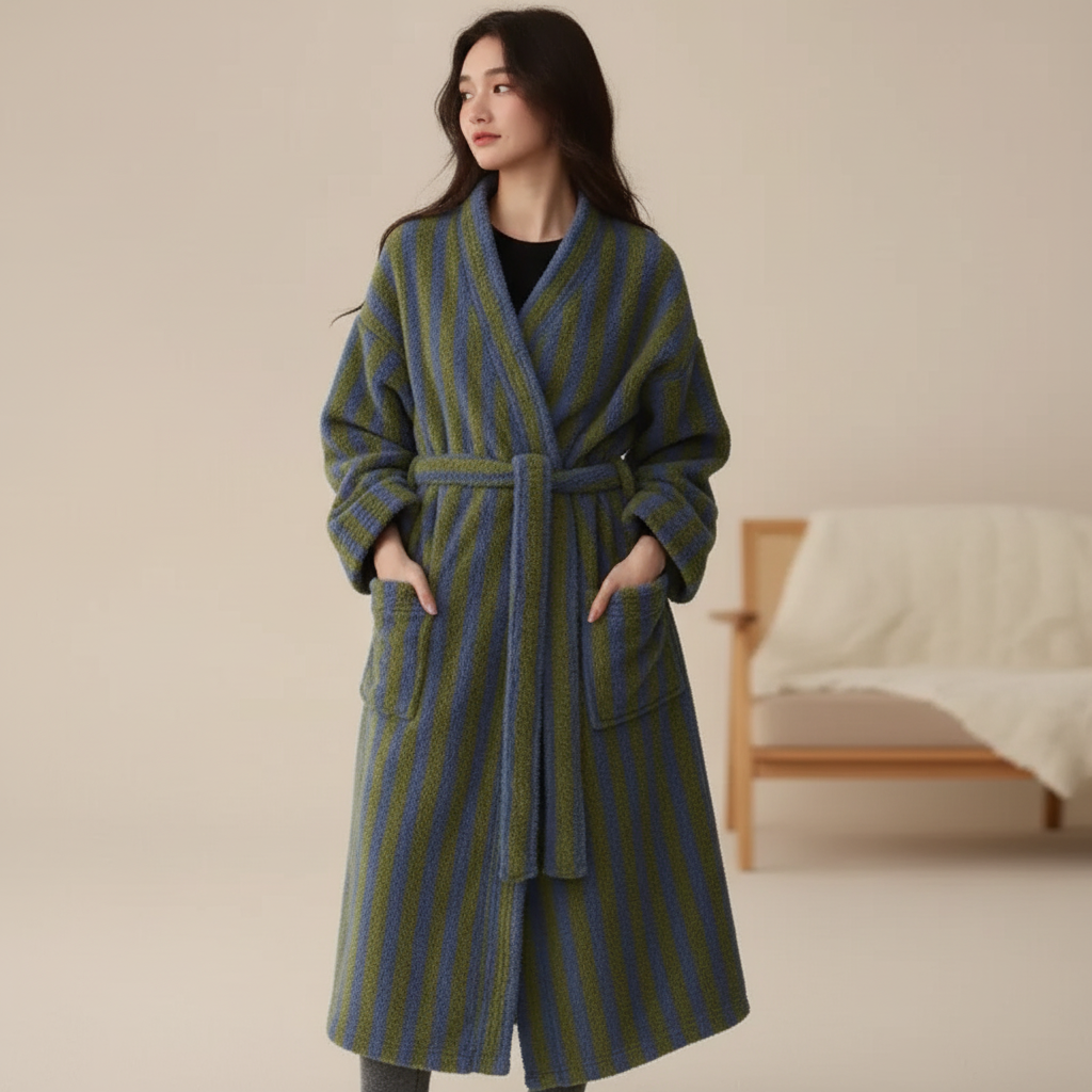 Langer Bademantel Polyester gestreift knöchellang