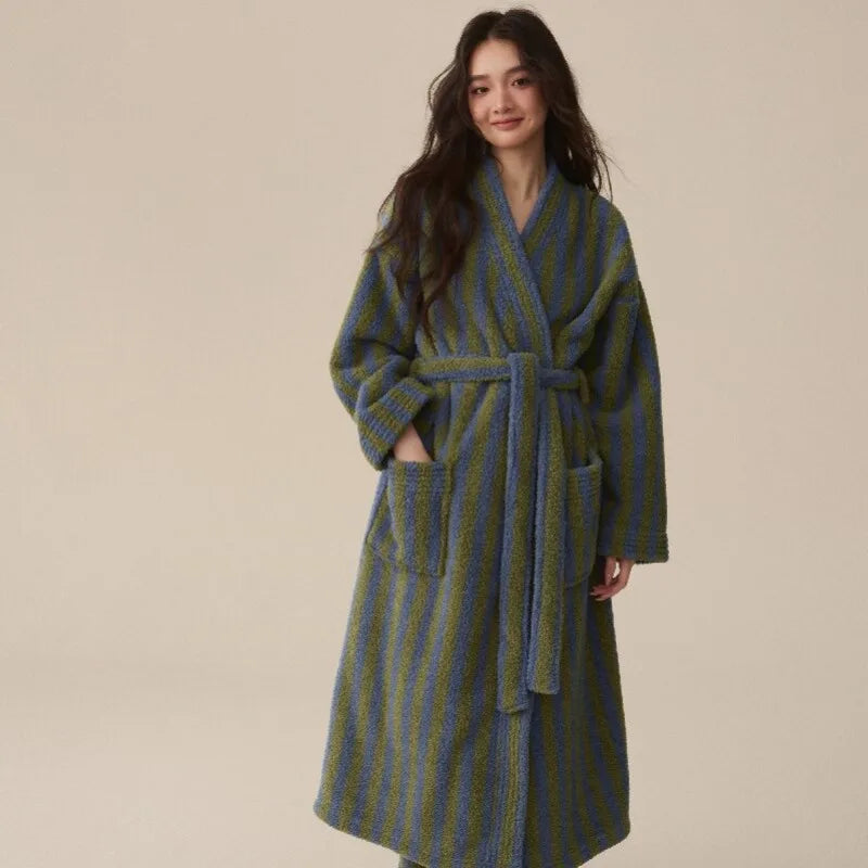 Langer Bademantel Polyester gestreift knöchellang