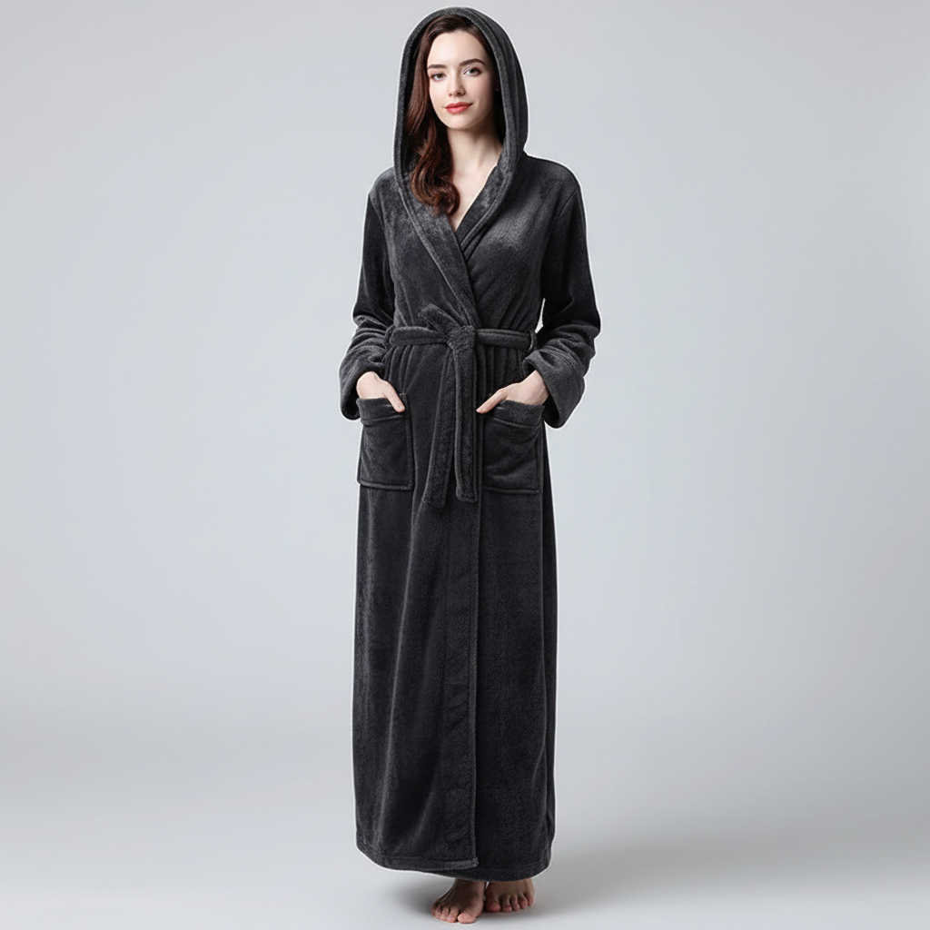 Knöchelhoher Bademantel mit Kapuze, ultra-weicher Fleece, große Taschen