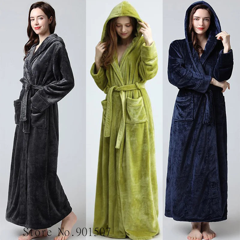 Knöchelhoher Bademantel mit Kapuze, ultra-weicher Fleece, große Taschen