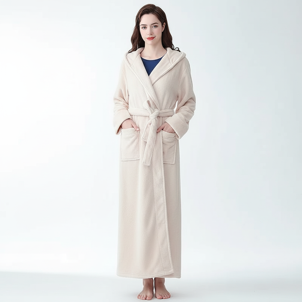 Knöchelhoher Bademantel mit Kapuze, ultra-weicher Fleece, große Taschen