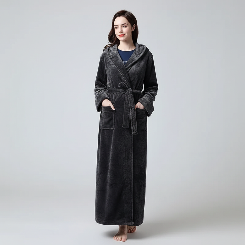 Knöchelhoher Bademantel mit Kapuze, ultra-weicher Fleece, große Taschen