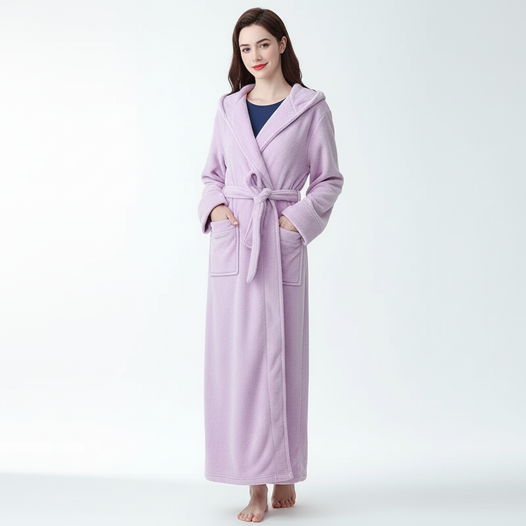 Knöchelhoher Bademantel mit Kapuze, ultra-weicher Fleece, große Taschen