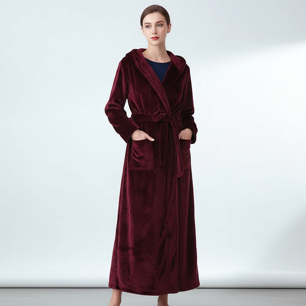 Knöchelhoher Bademantel mit Kapuze, ultra-weicher Fleece, große Taschen