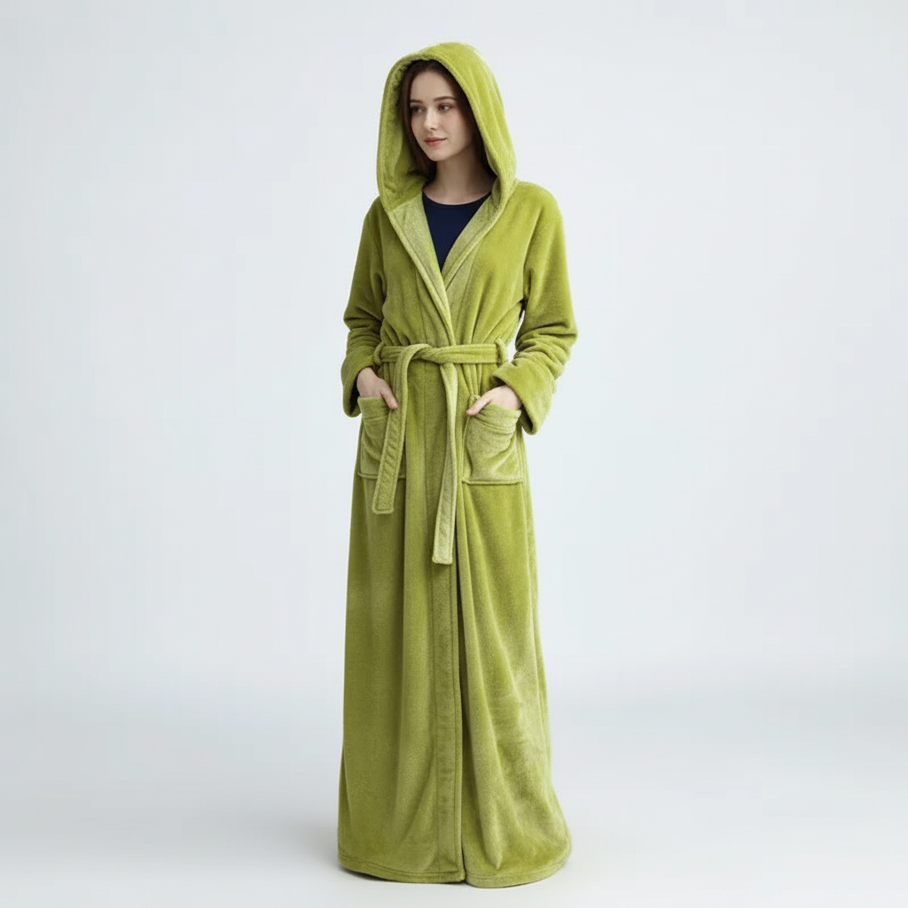 Knöchelhoher Bademantel mit Kapuze, ultra-weicher Fleece, große Taschen