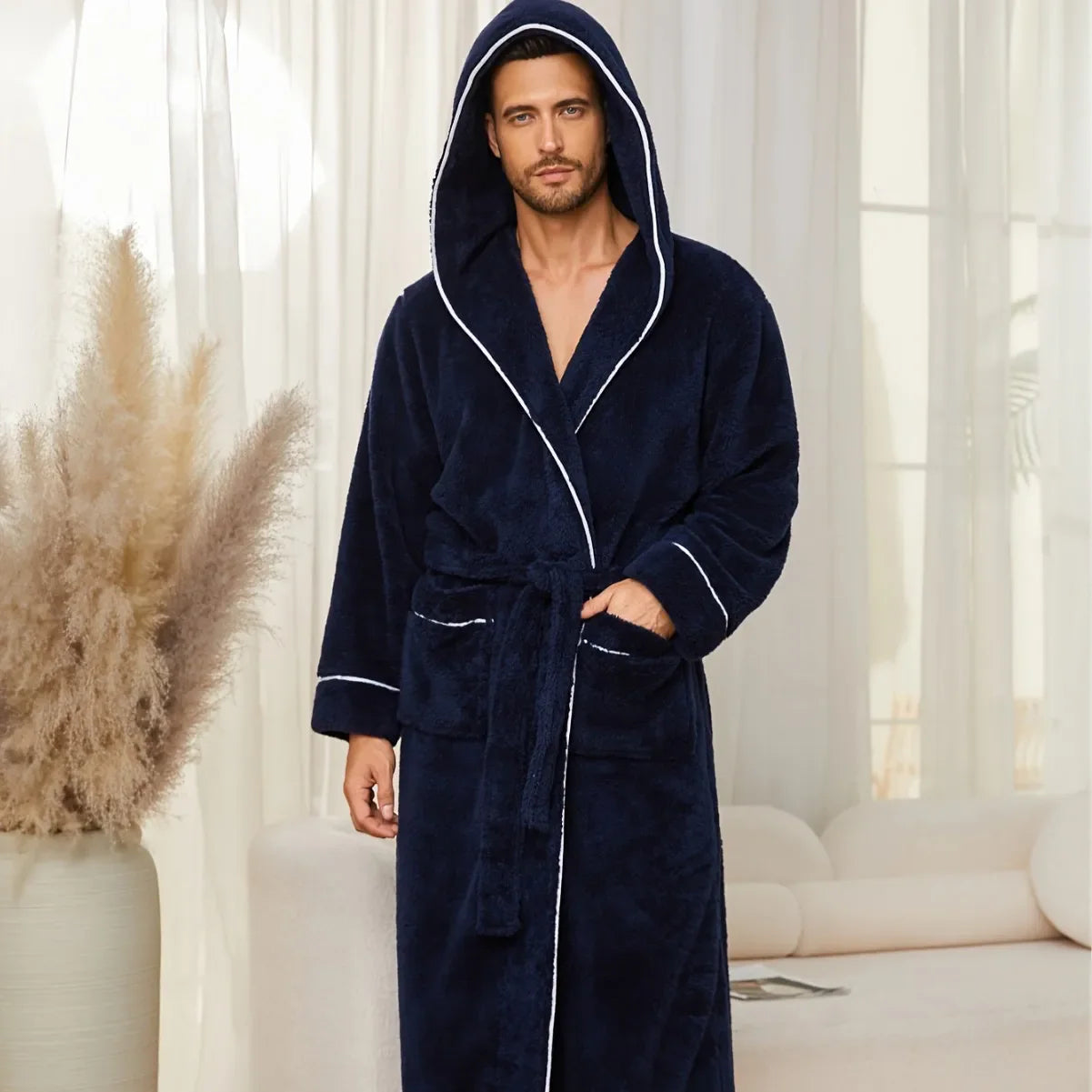 Kapuzen-Bademantel lang Flanell warm gemütlich