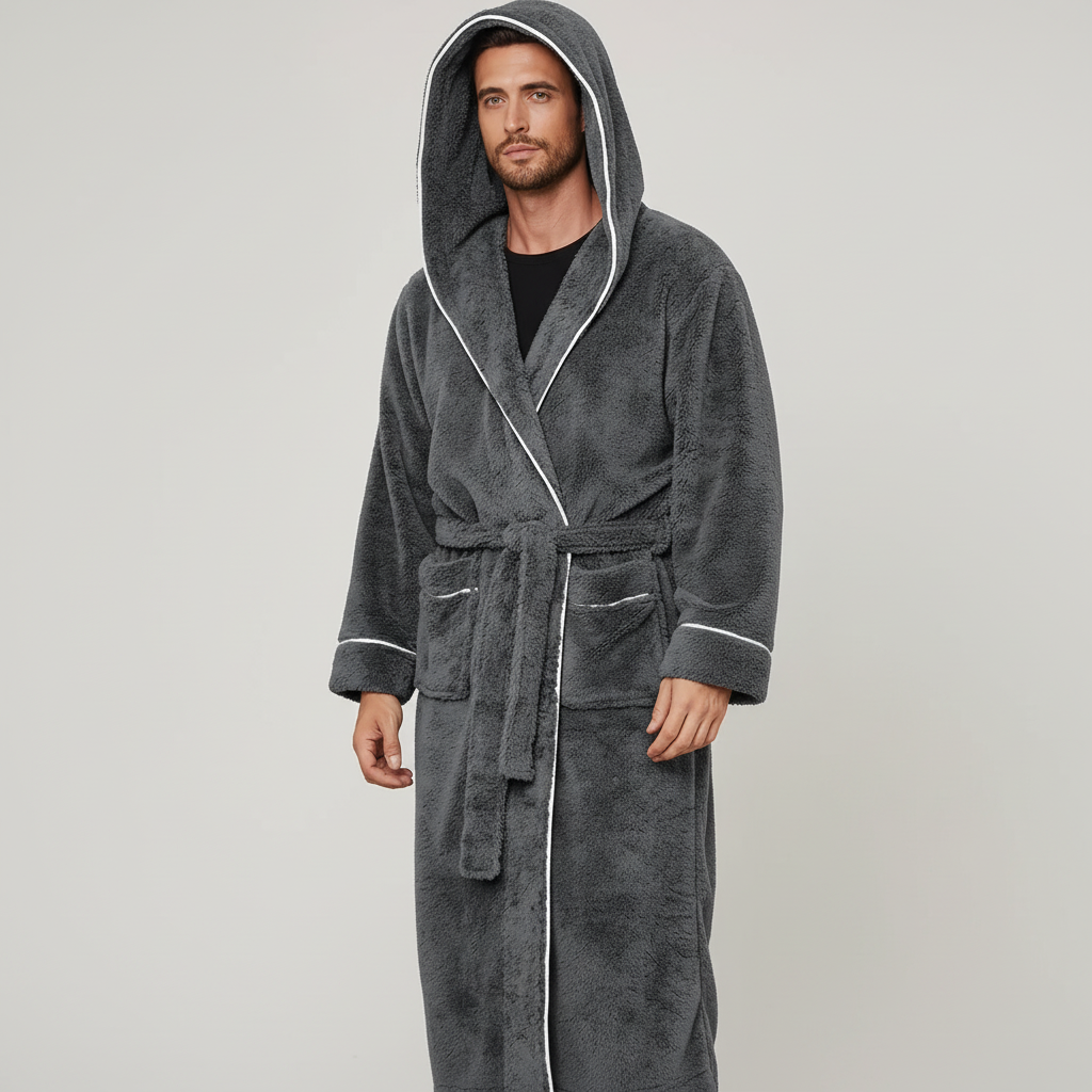 Kapuzen-Bademantel lang Flanell warm gemütlich