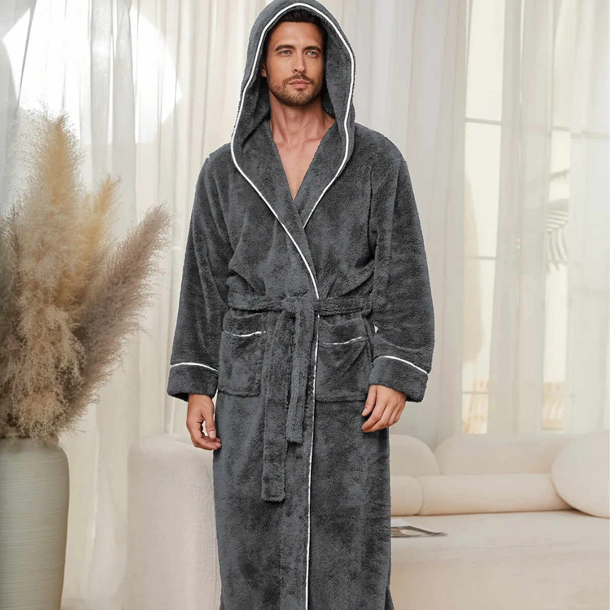 Kapuzen-Bademantel lang Flanell warm gemütlich