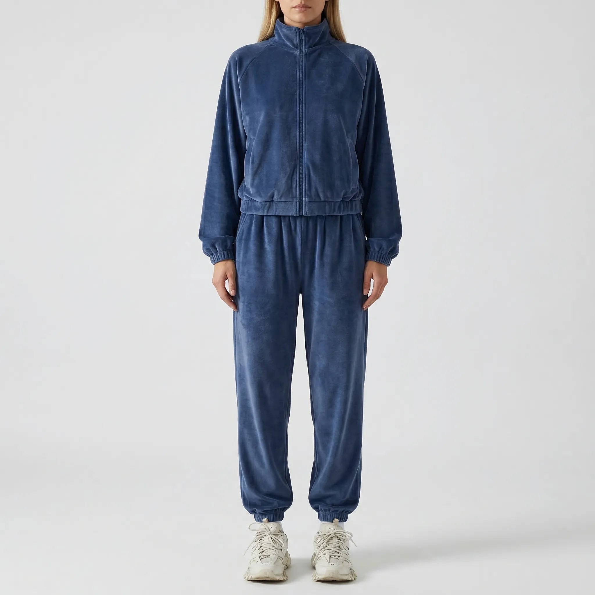 Damen-Loungewear-Set mit Reißverschluss-Kapuze und weiter Hose, samtig
