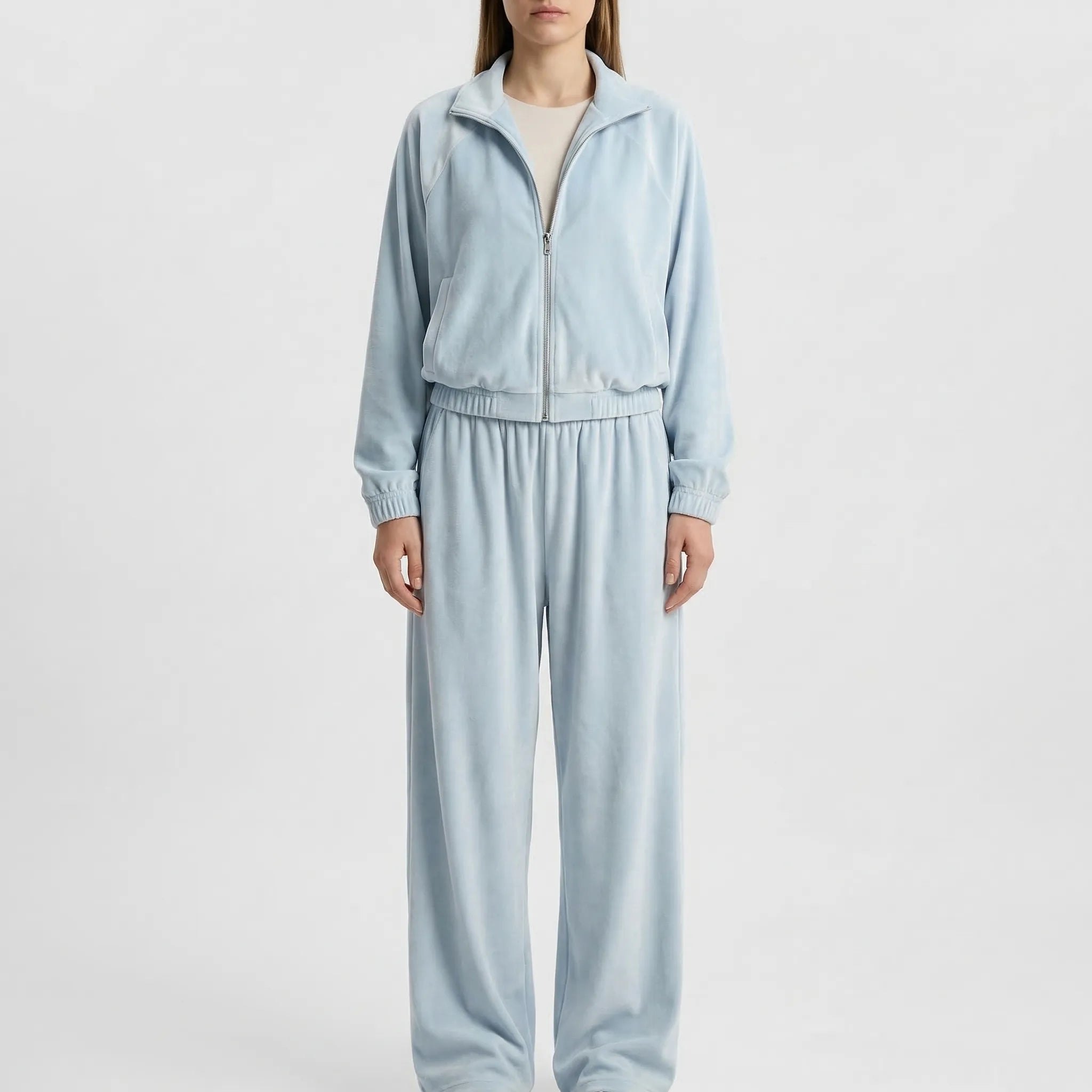 Damen-Loungewear-Set mit Reißverschluss-Kapuze und weiter Hose, samtig