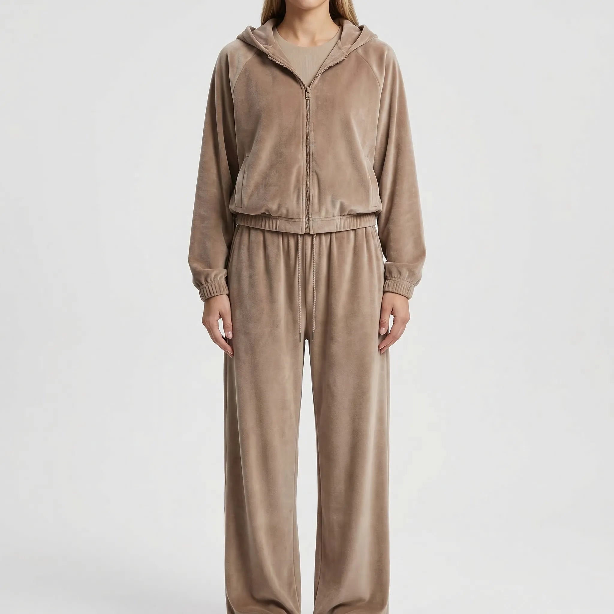 Damen-Loungewear-Set mit Reißverschluss-Kapuze und weiter Hose, samtig