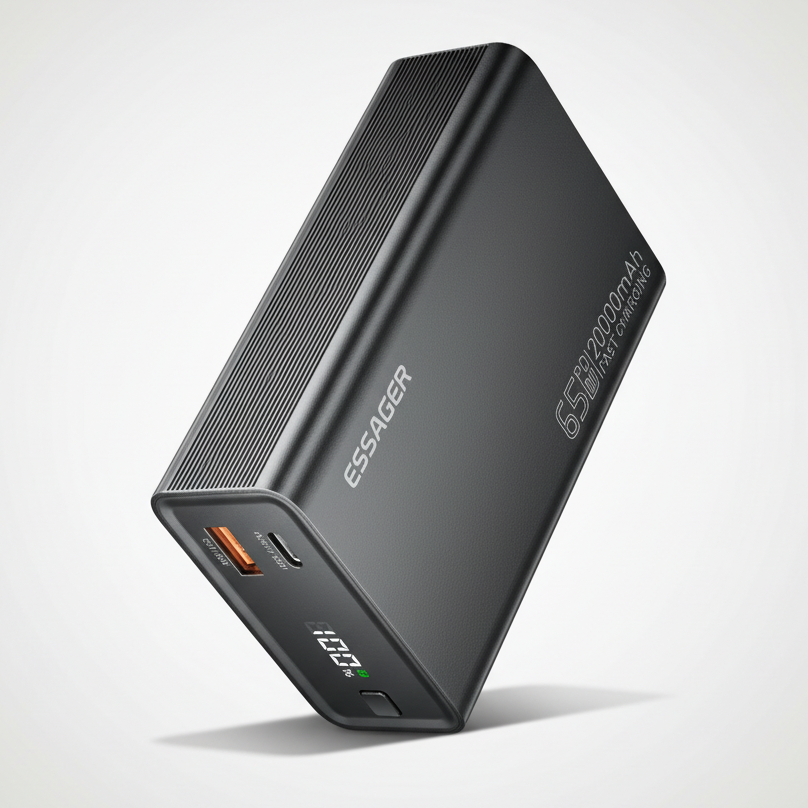 Powerbank 20000mAh mit 65W Schnellladung und integrierten Kabeln