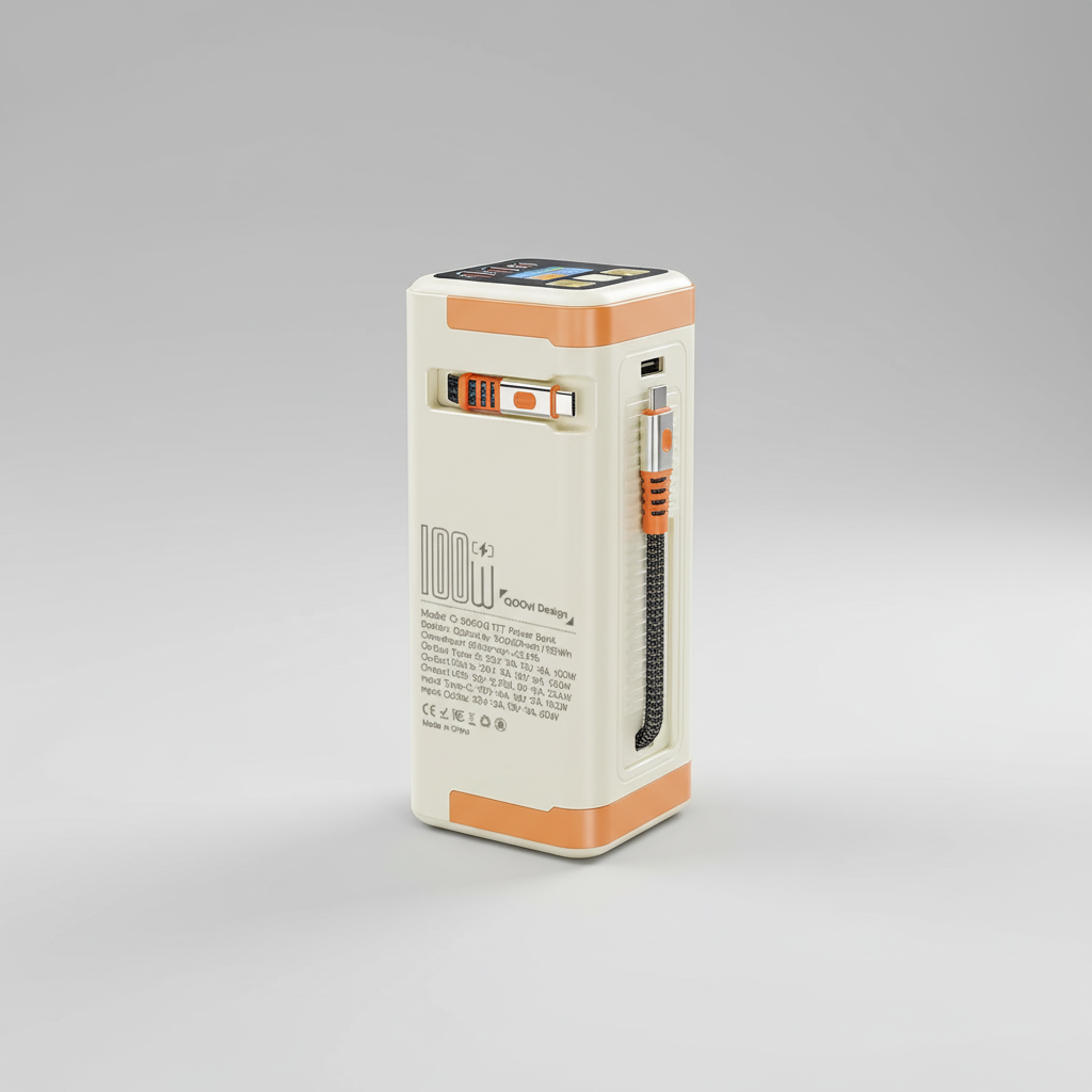 Tragbare Powerbank mit 100W Schnellladen, integrierten Kabeln und digitalem Display