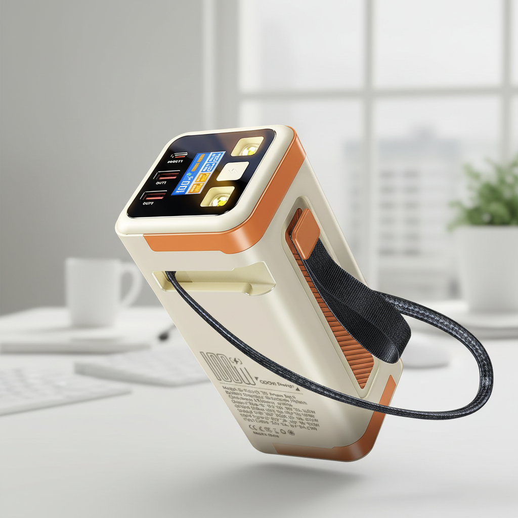 Tragbare Powerbank mit 100W Schnellladen, integrierten Kabeln und digitalem Display