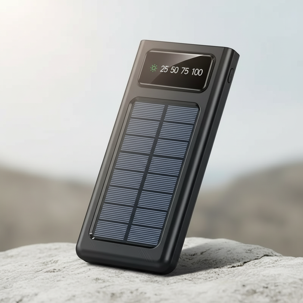 Solar Powerbank mit USB-Anschlüssen, LED-Lampe und digitalem Display