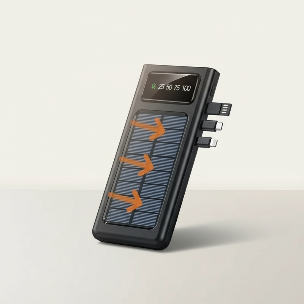 Solar Powerbank mit USB-Anschlüssen, LED-Lampe und digitalem Display