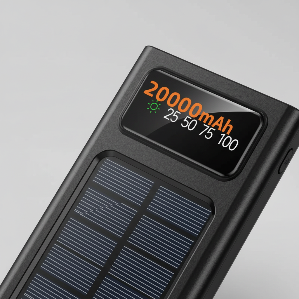 Solar Powerbank mit USB-Anschlüssen, LED-Lampe und digitalem Display