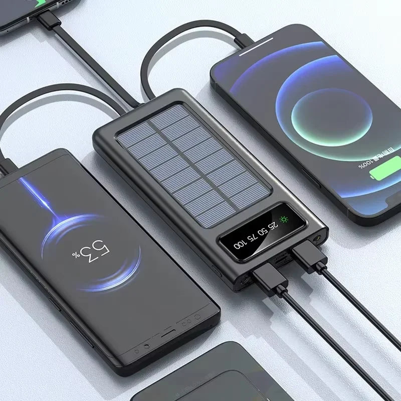 Solar Powerbank mit USB-Anschlüssen, LED-Lampe und digitalem Display