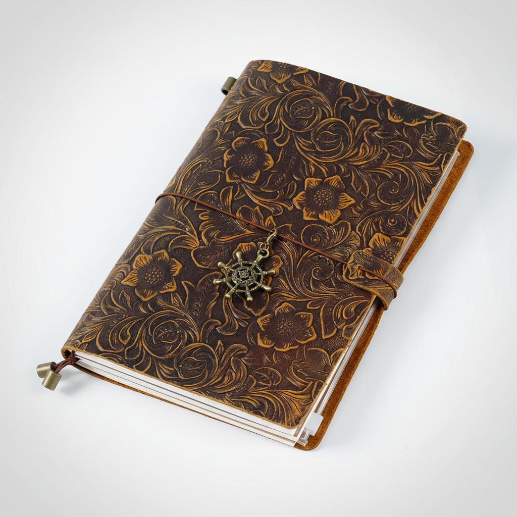 Reisetagebuch A5 mit geprägtem Vintage-Cover und Wickelverschluss