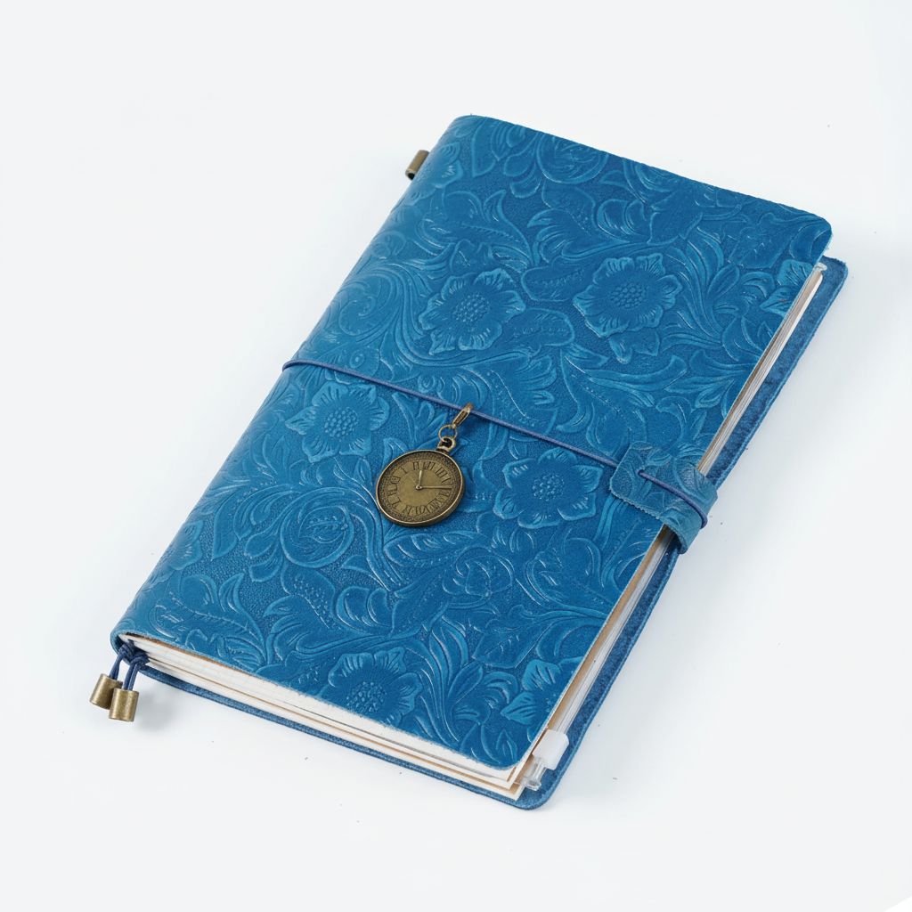 Reisetagebuch A5 mit geprägtem Vintage-Cover und Wickelverschluss