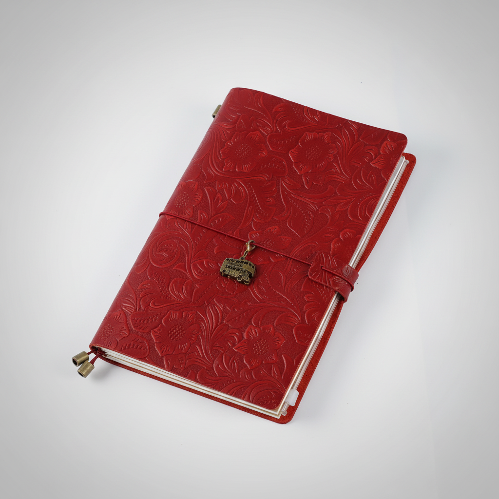 Reisetagebuch A5 mit geprägtem Vintage-Cover und Wickelverschluss