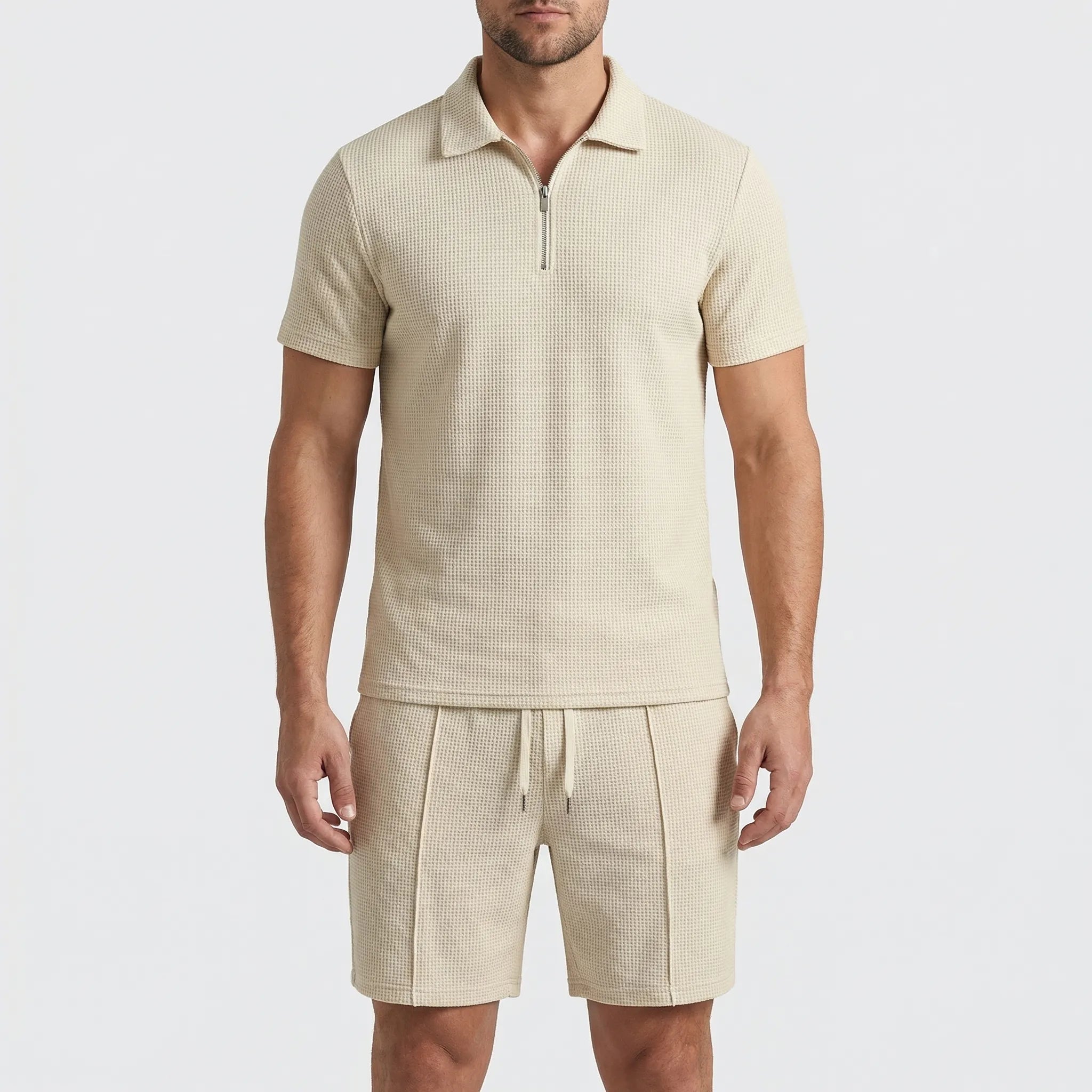 Herren Sommer Zweiteiler Set Polo-Shirt und Shorts mit Waffelstruktur
