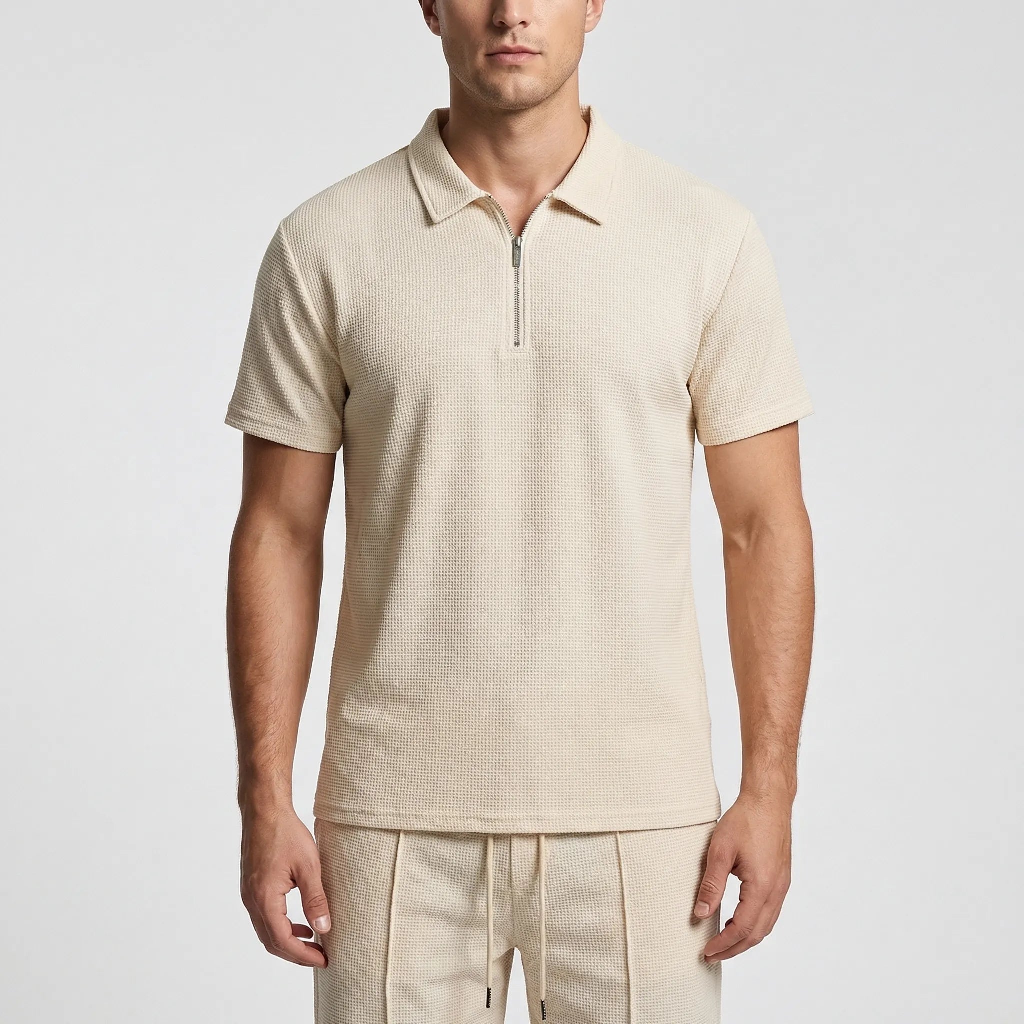 Herren Sommer Zweiteiler Set Polo-Shirt und Shorts mit Waffelstruktur