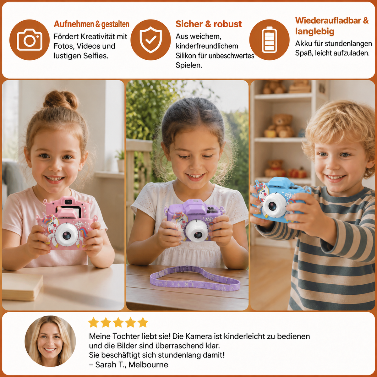 Nordspur | Wiederaufladbare Digitalkamera für Kinder mit Selfie-Modus, HD-Video & Silikonhülle