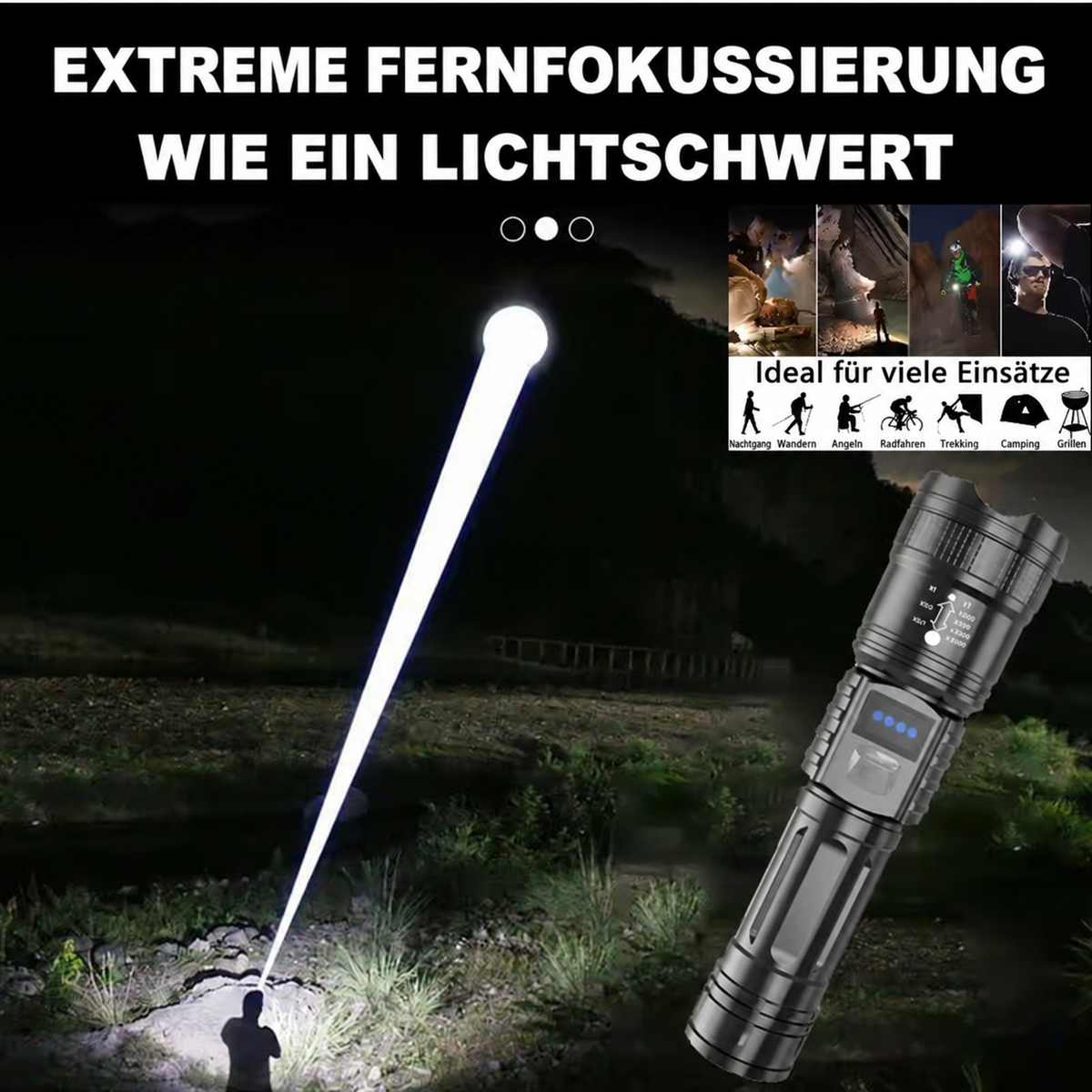 Nordspur | Wiederaufladbare Hochleistungs-Zoom-Taschenlampe – 2000LM, Powerbank & digitale Batterieanzeige