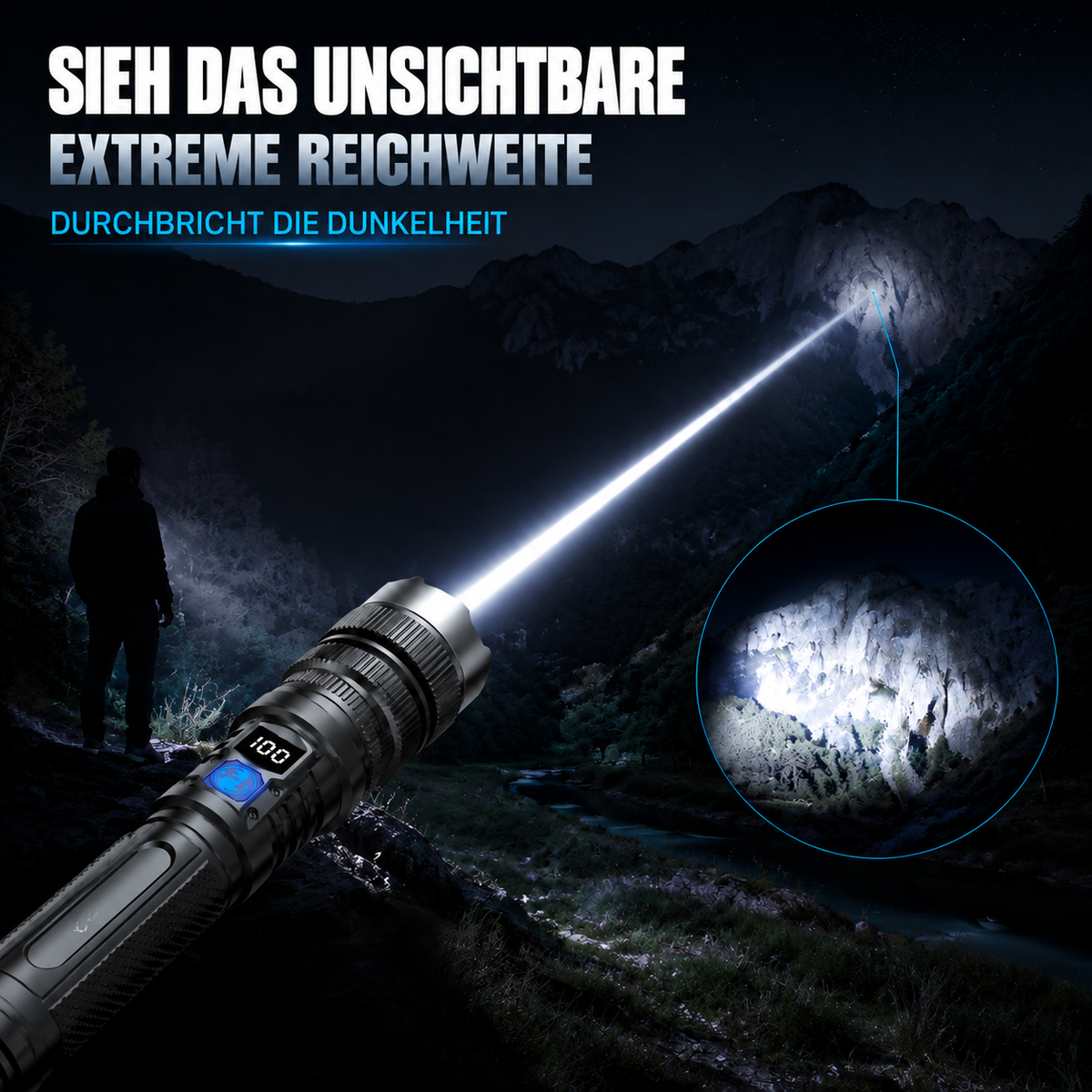 Nordspur | Wiederaufladbare Hochleistungs-Zoom-Taschenlampe – 2000LM, Powerbank & digitale Batterieanzeige