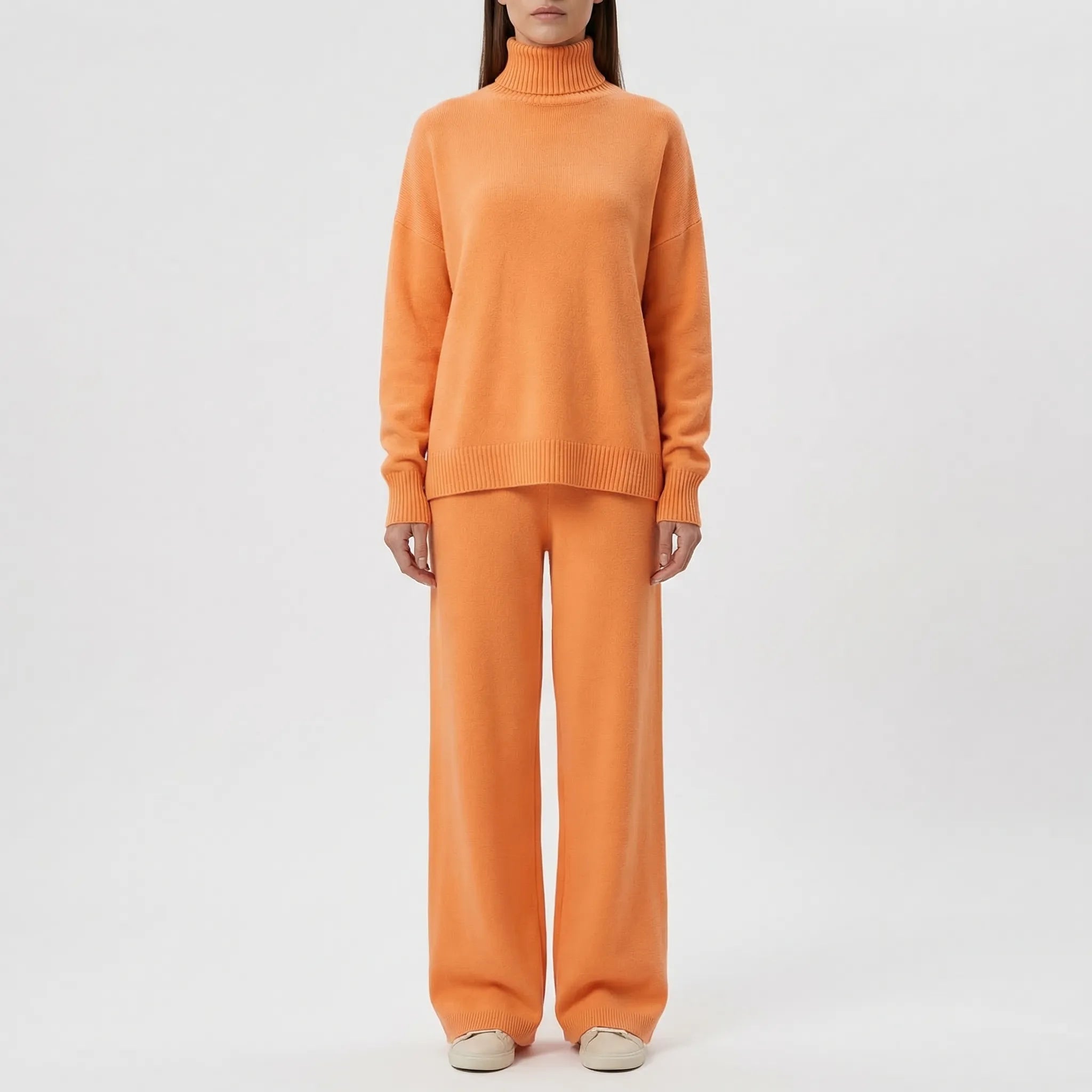 Strick Zweiteiler Damen Rollkragenpullover Hose gerades Bein