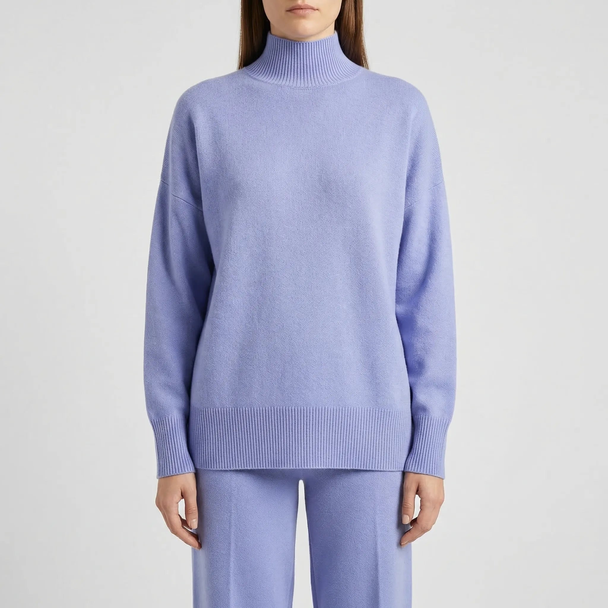 Strick Zweiteiler Damen Rollkragenpullover Hose gerades Bein