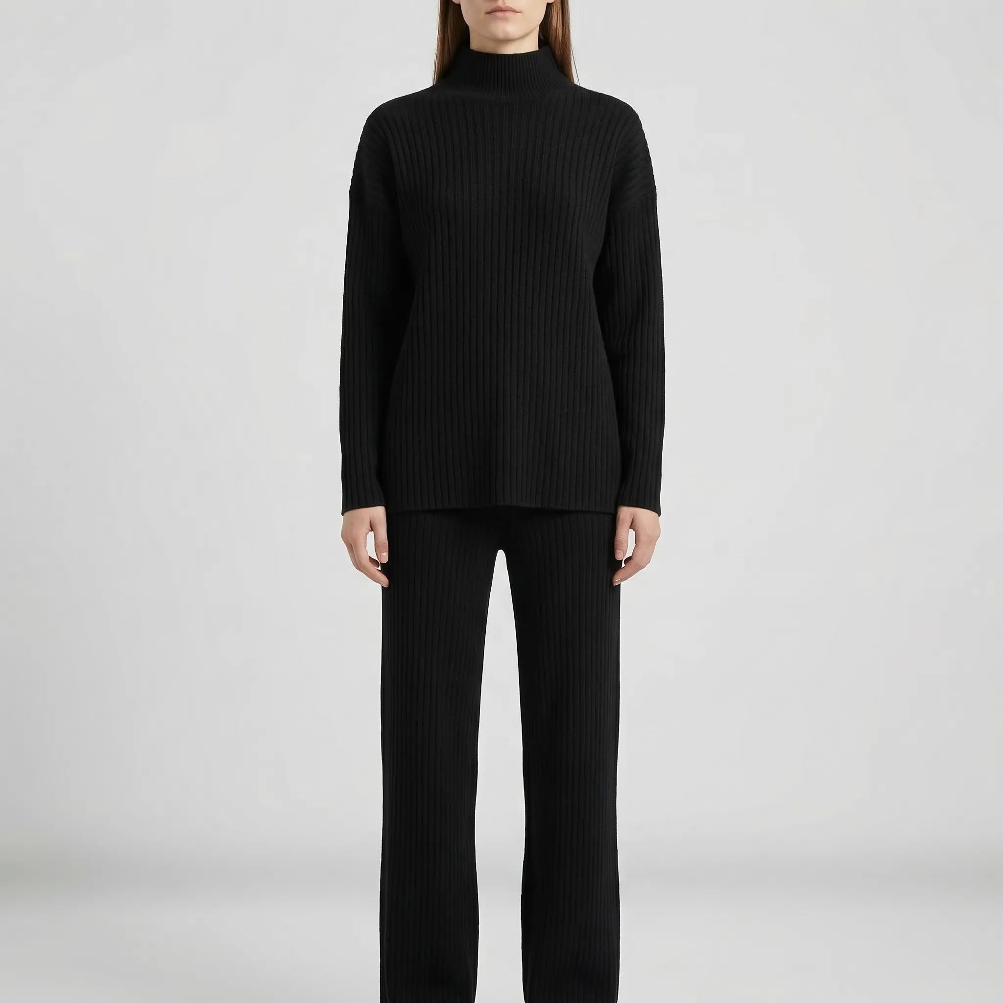 Strick Zweiteiler Damen Rollkragenpullover Hose gerades Bein