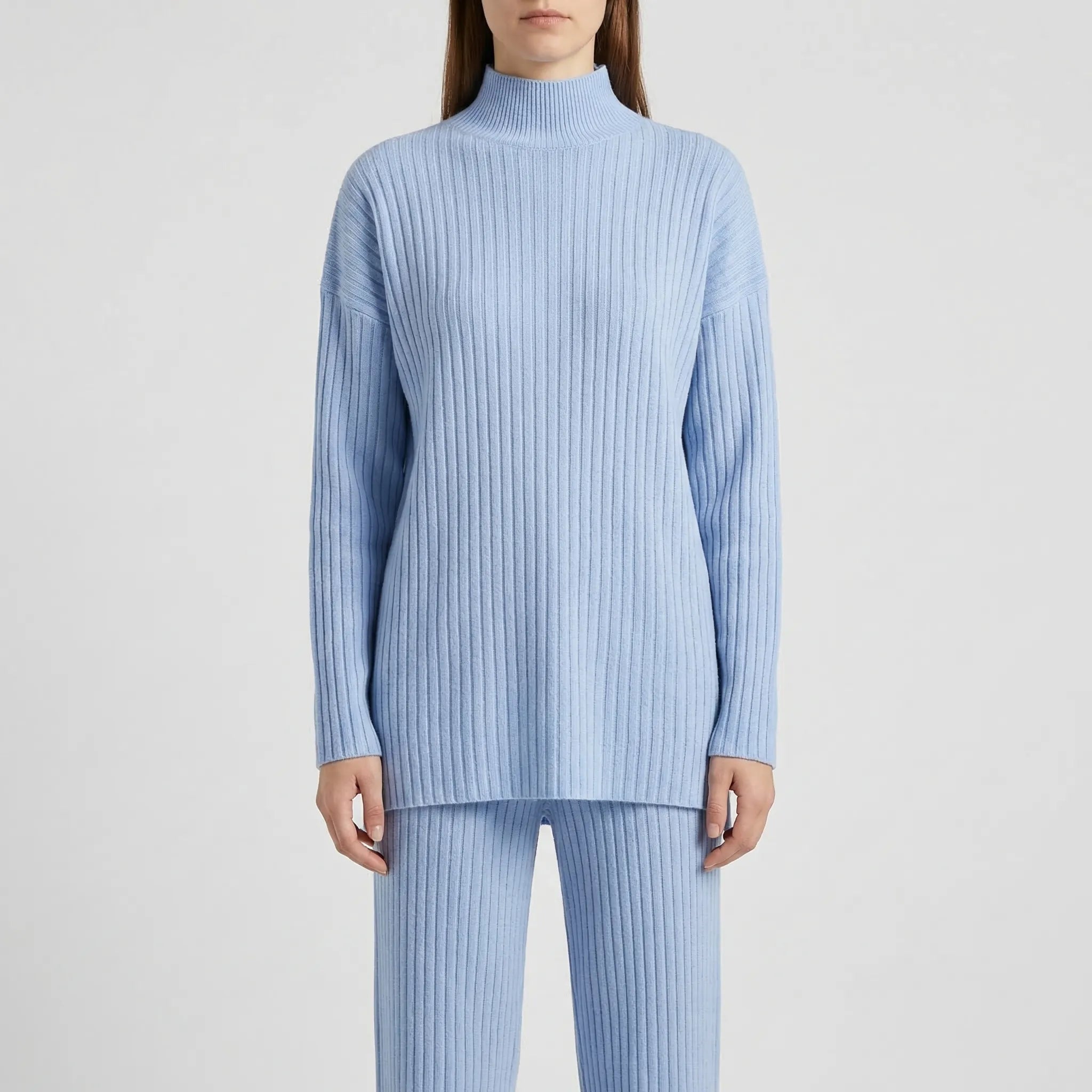 Strick Zweiteiler Damen Rollkragenpullover Hose gerades Bein