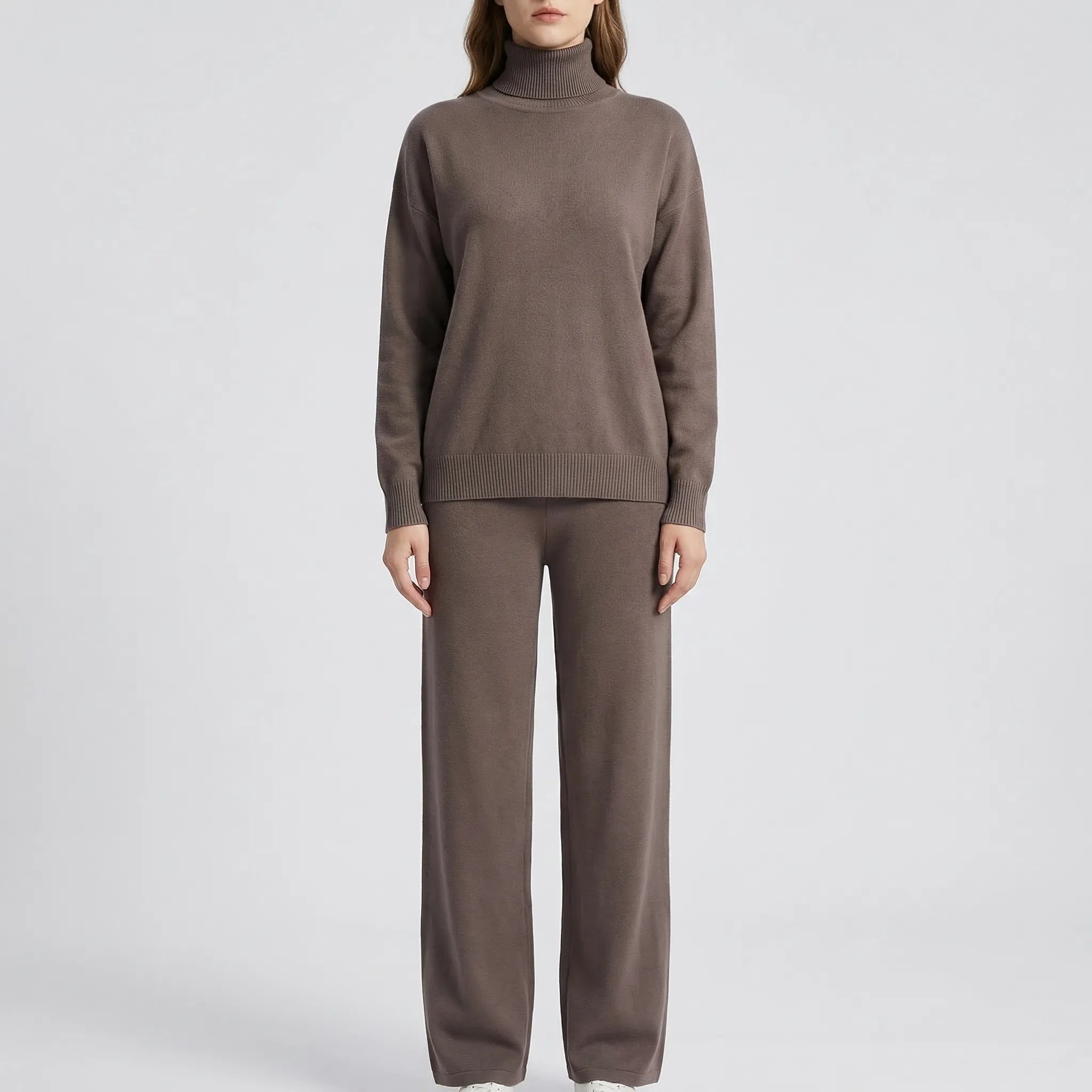 Strick Zweiteiler Damen Rollkragenpullover Hose gerades Bein