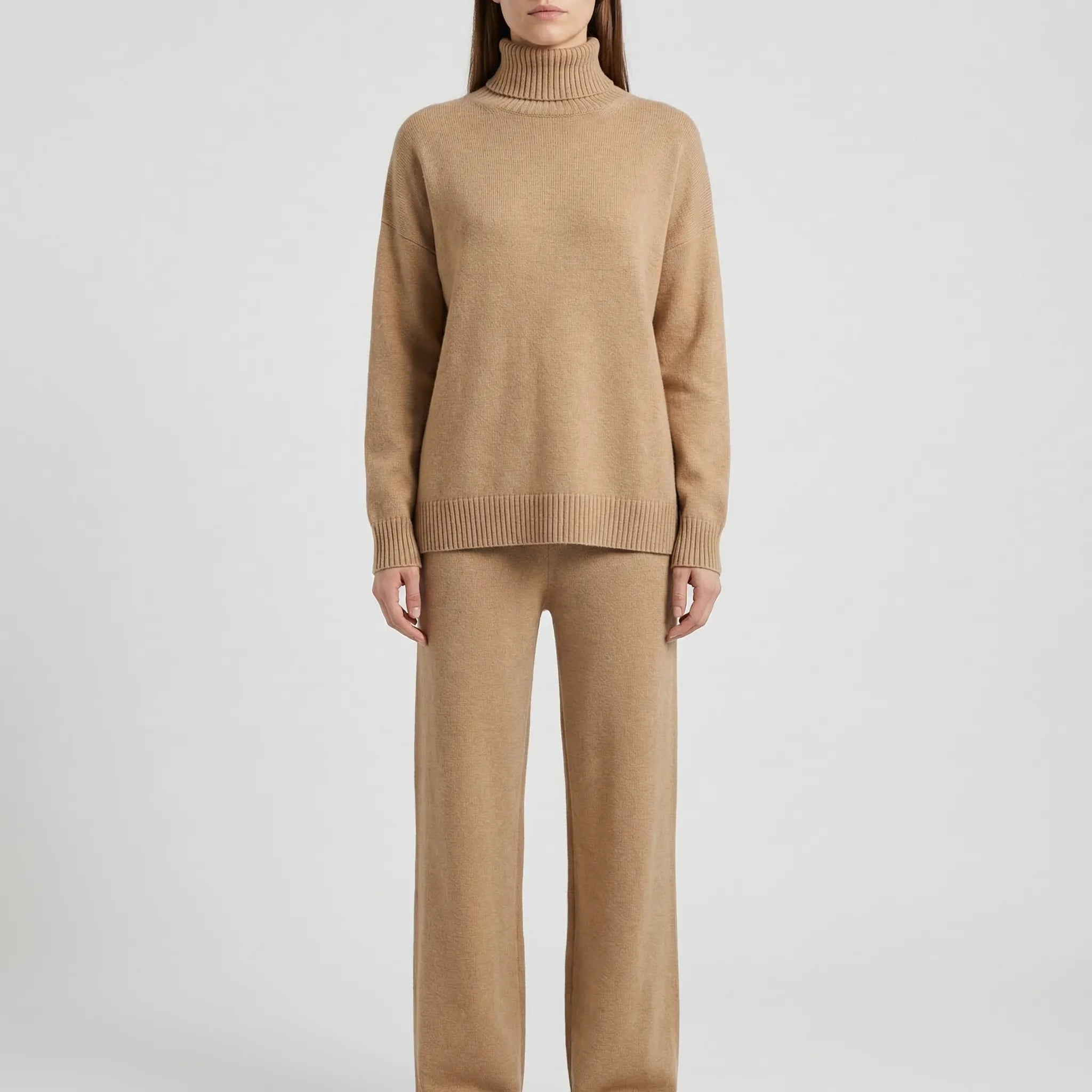 Strick Zweiteiler Damen Rollkragenpullover Hose gerades Bein