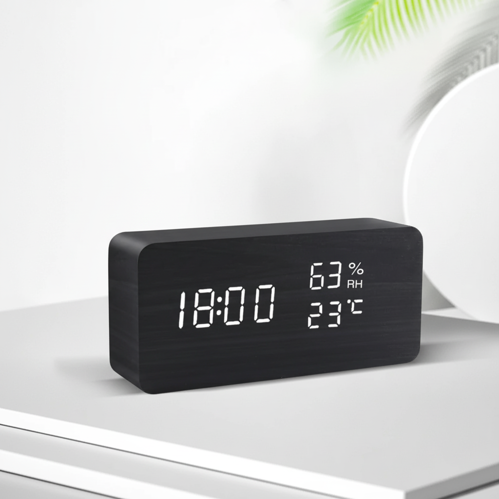 Digitale Holz-Tischuhr LED-Display Sprachsteuerung Temperaturanzeige