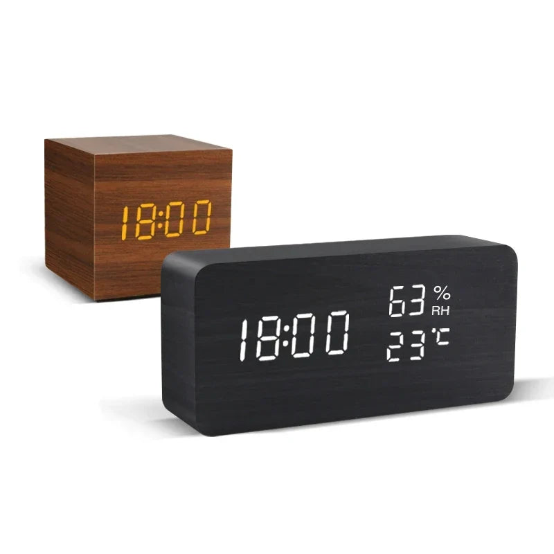 Digitale Holz-Tischuhr LED-Display Sprachsteuerung Temperaturanzeige