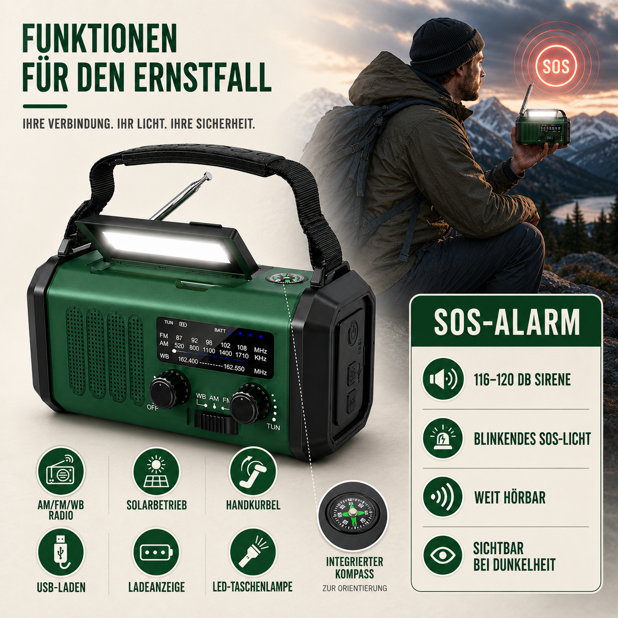 Notfallradio mit Kurbel, Solar & Powerbank – Kompakt & Zuverlässig