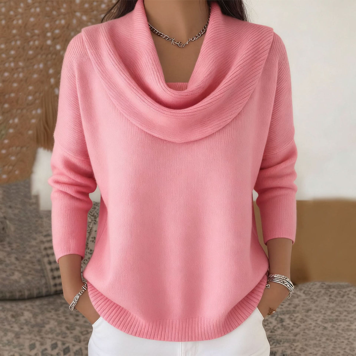 Damen-Pullover mit Wasserfallkragen und lockerer Passform