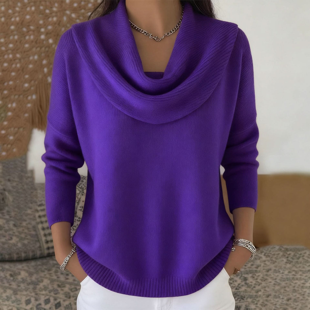 Damen-Pullover mit Wasserfallkragen und lockerer Passform