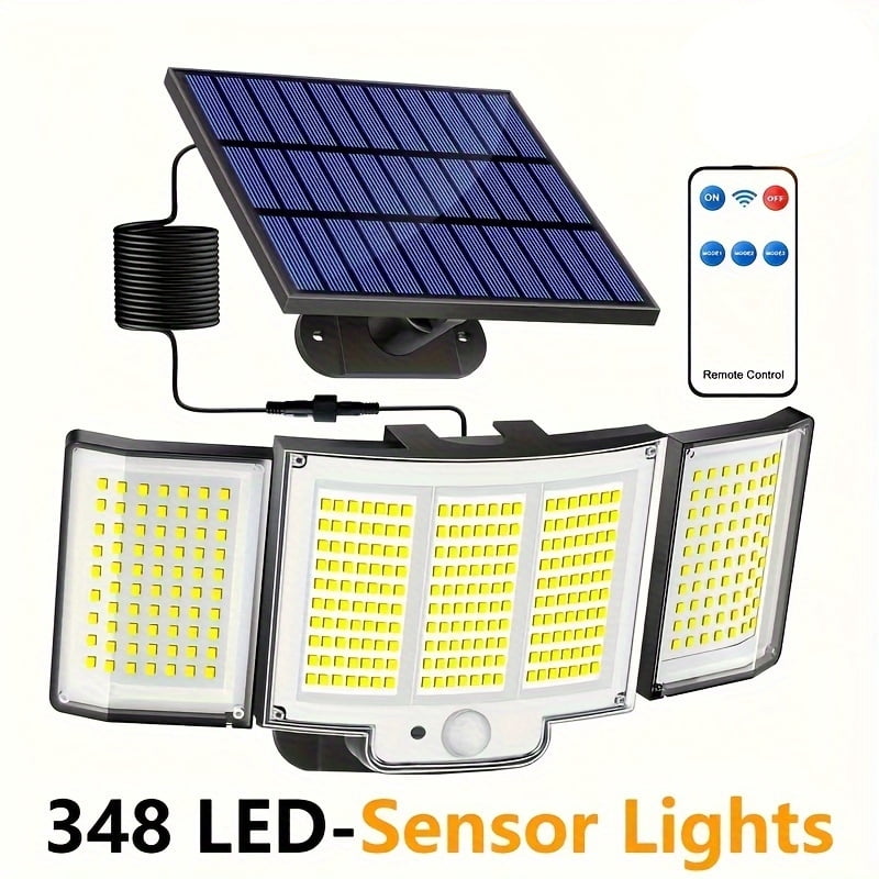 Solar Bewegungsmelder Sicherheitsleuchte mit Fernbedienung, 348 LED 3 Köpfe