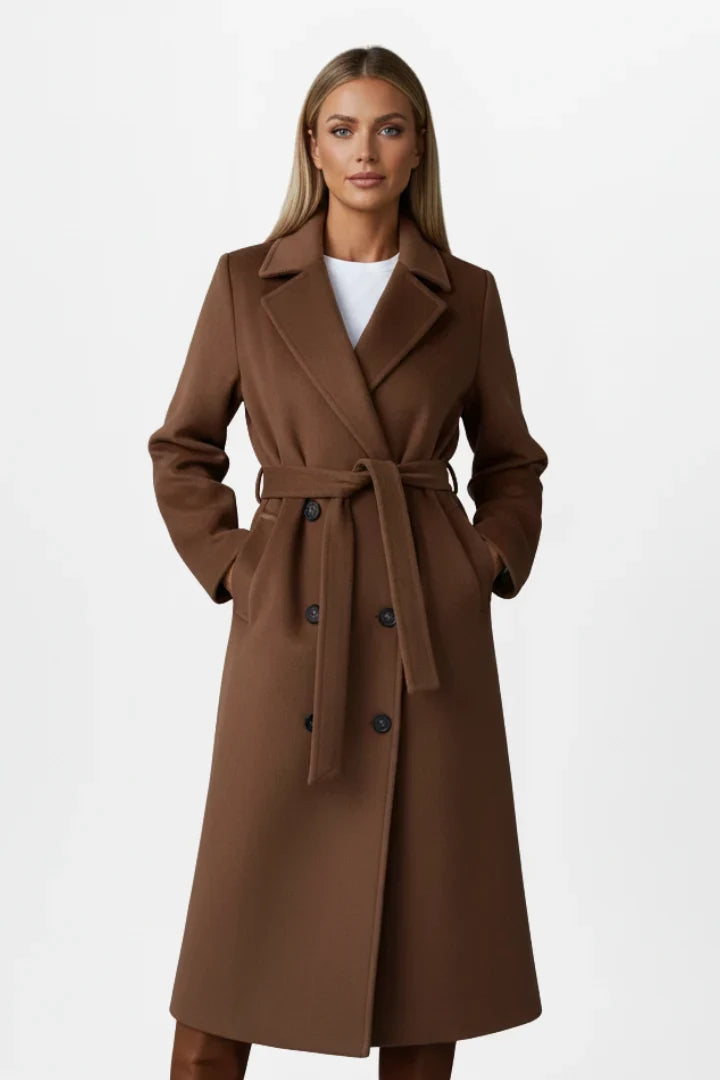 Damen Wintermantel mit Gürtel und zweireihigem Verschluss - Eleganter langer Damenmantel ideal für kühle Tage