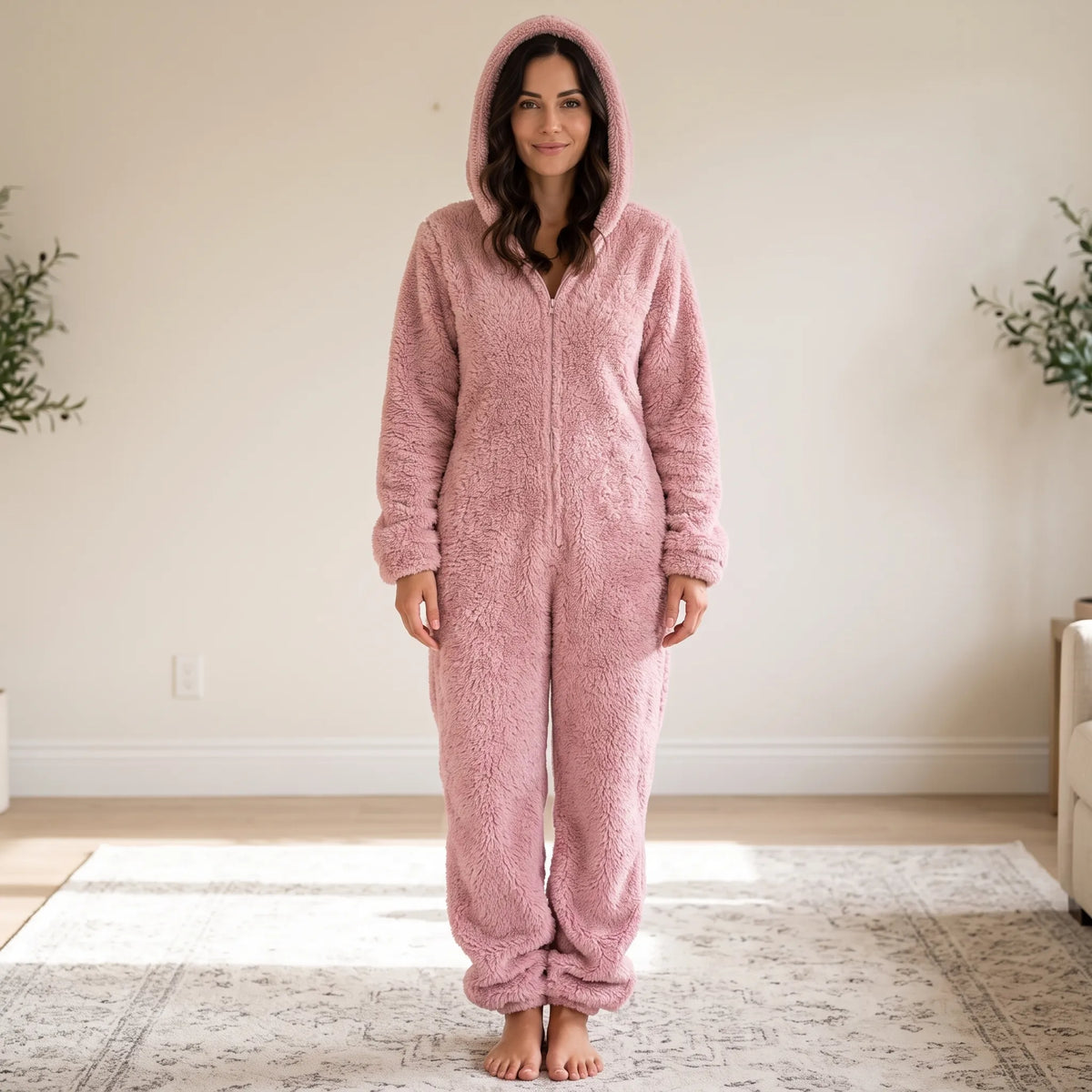 Pyjama Einteiler Damen lang aus Fleece mit Reißverschluss – Langer Overall