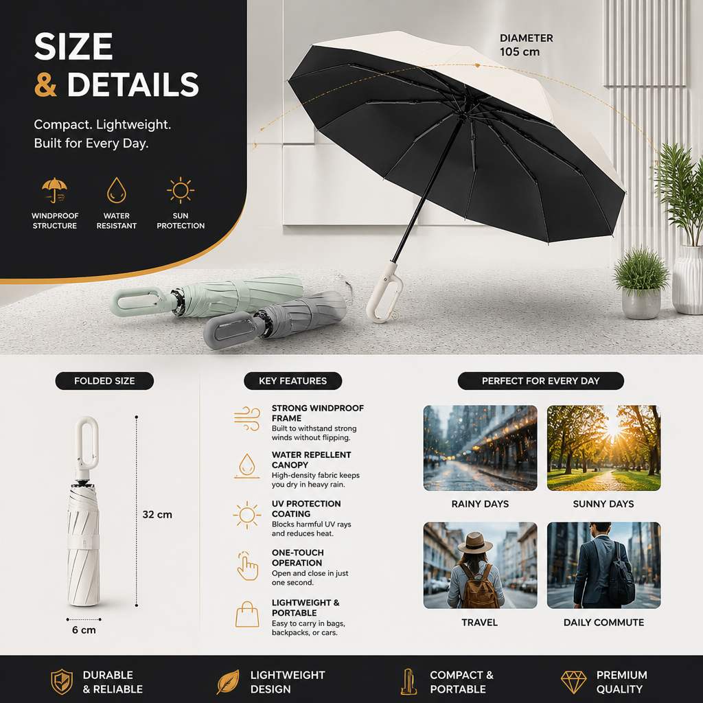 Premium Automatischer Faltschirm für Sonne & Regen – Kompakt & Windfest
